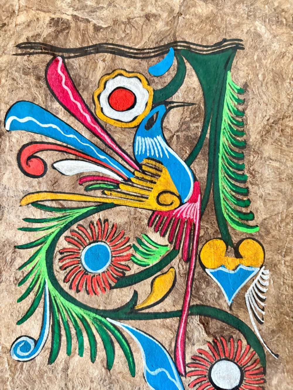 Colorful Floral Bird Handpainted Mexican Folk Art on Bark - Multicolor - Picture 2 of 2